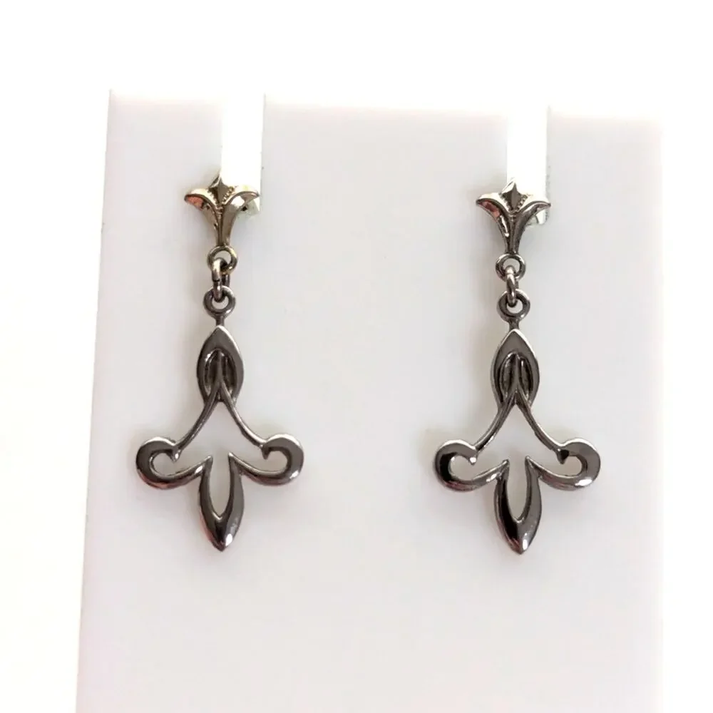 Vintage Silver Tone Fleur De Los Dangle Drop Dainty Delicate Post Stud Earrings